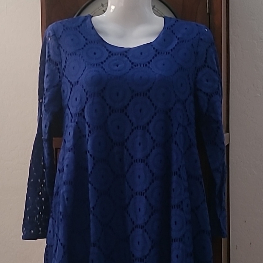 CeCe Woman's Blue Lace Lined Dress - Semi Sheer Long Lace Sleeves - Size 2